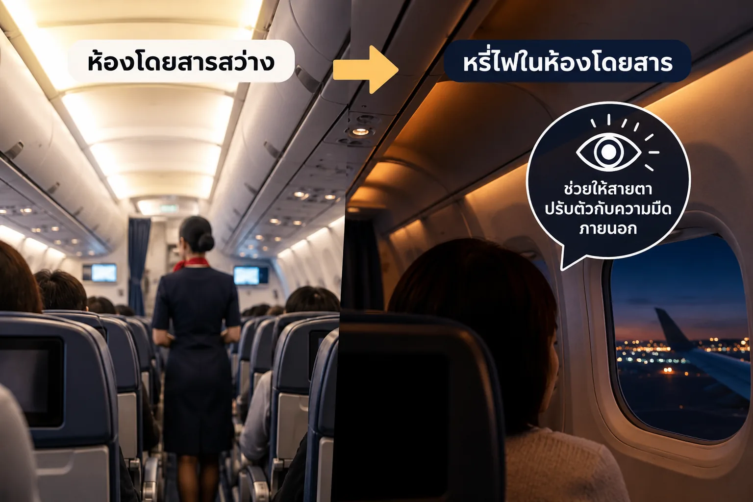 เปรียบเทียบห้องโดยสารสว่างกับหรี่ไฟในเครื่องบิน