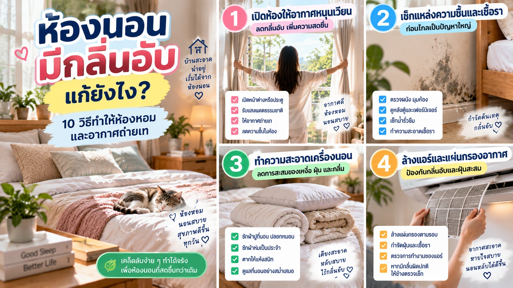 ห้องนอนมีกลิ่นอับแก้ยังไง? 10 วิธีทำให้ห้องหอมและอากาศถ่ายเท