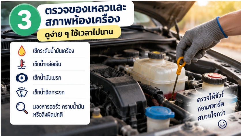ตรวจของเหลวและสภาพห้องเครื่องด้วยสายตา