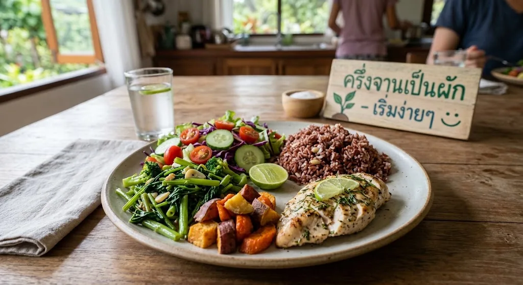 ตัวอย่างมื้อเย็นสมดุลที่มีผัก โปรตีน และข้าว