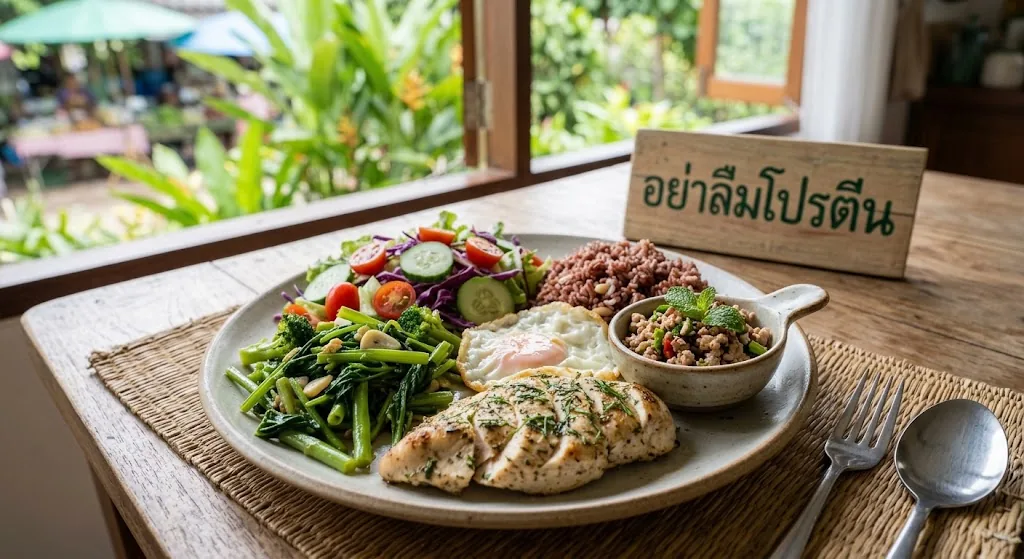 มื้อเย็นที่มีโปรตีน ผัก และข้าว