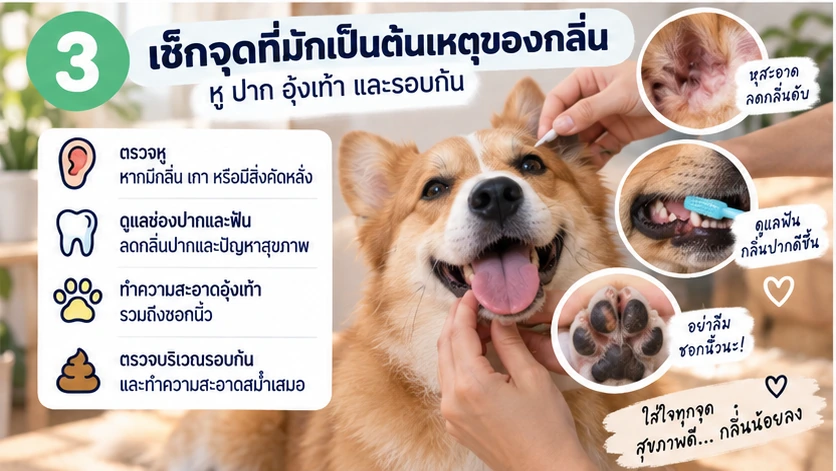 เช็กหู ช่องปาก อุ้งเท้าและซอกนิ้วเพื่อหาต้นเหตุของกลิ่นสุนัข