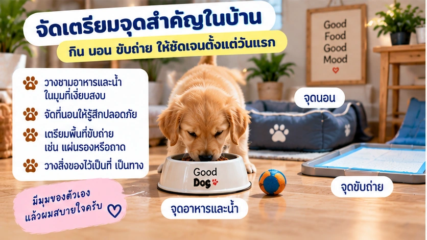 จัดจุดอาหาร น้ำ ที่นอน และขับถ่ายให้ชัดเจน
