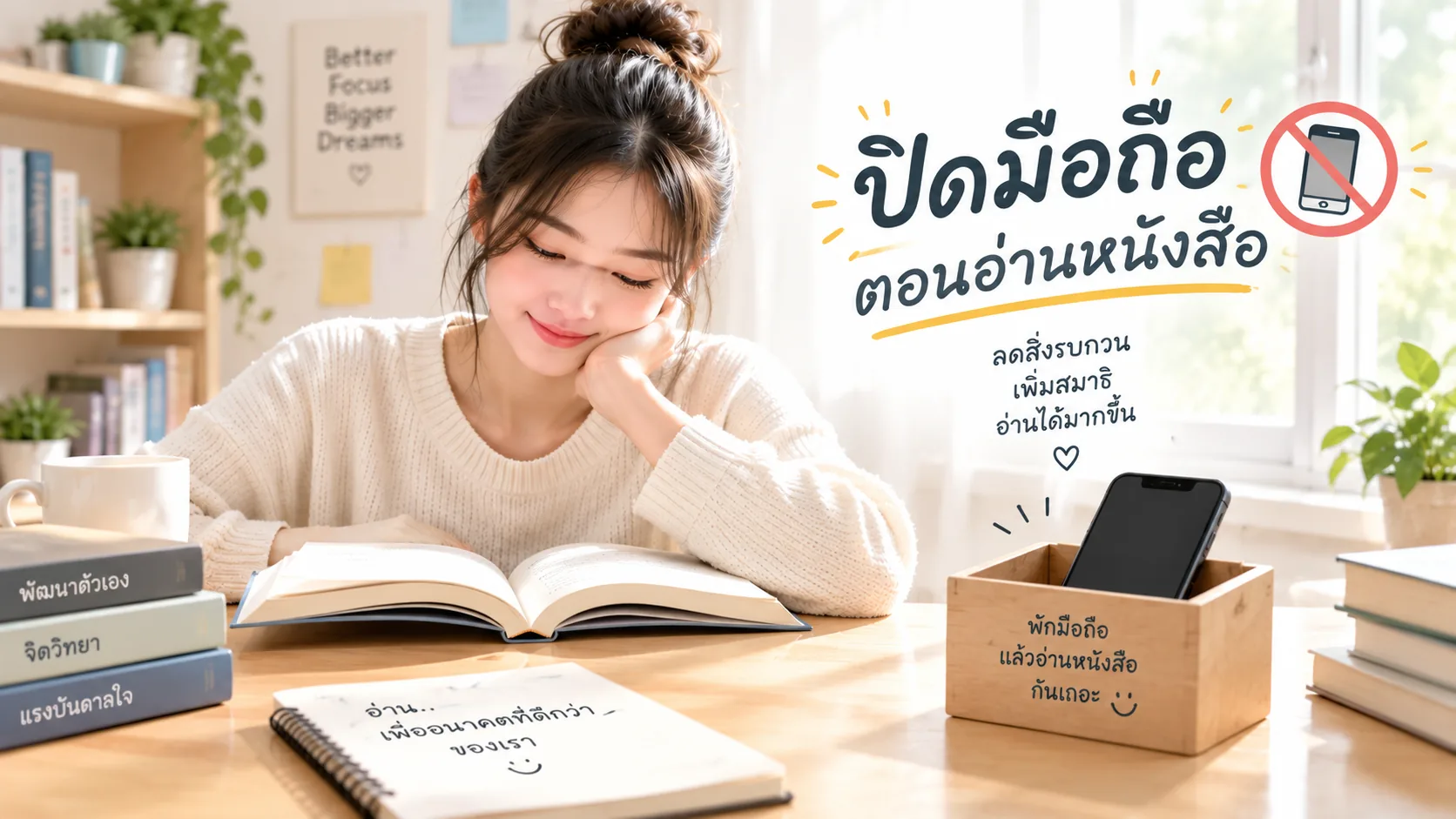 ปิดมือถือขณะอ่านหนังสือเพื่อลดสิ่งรบกวน