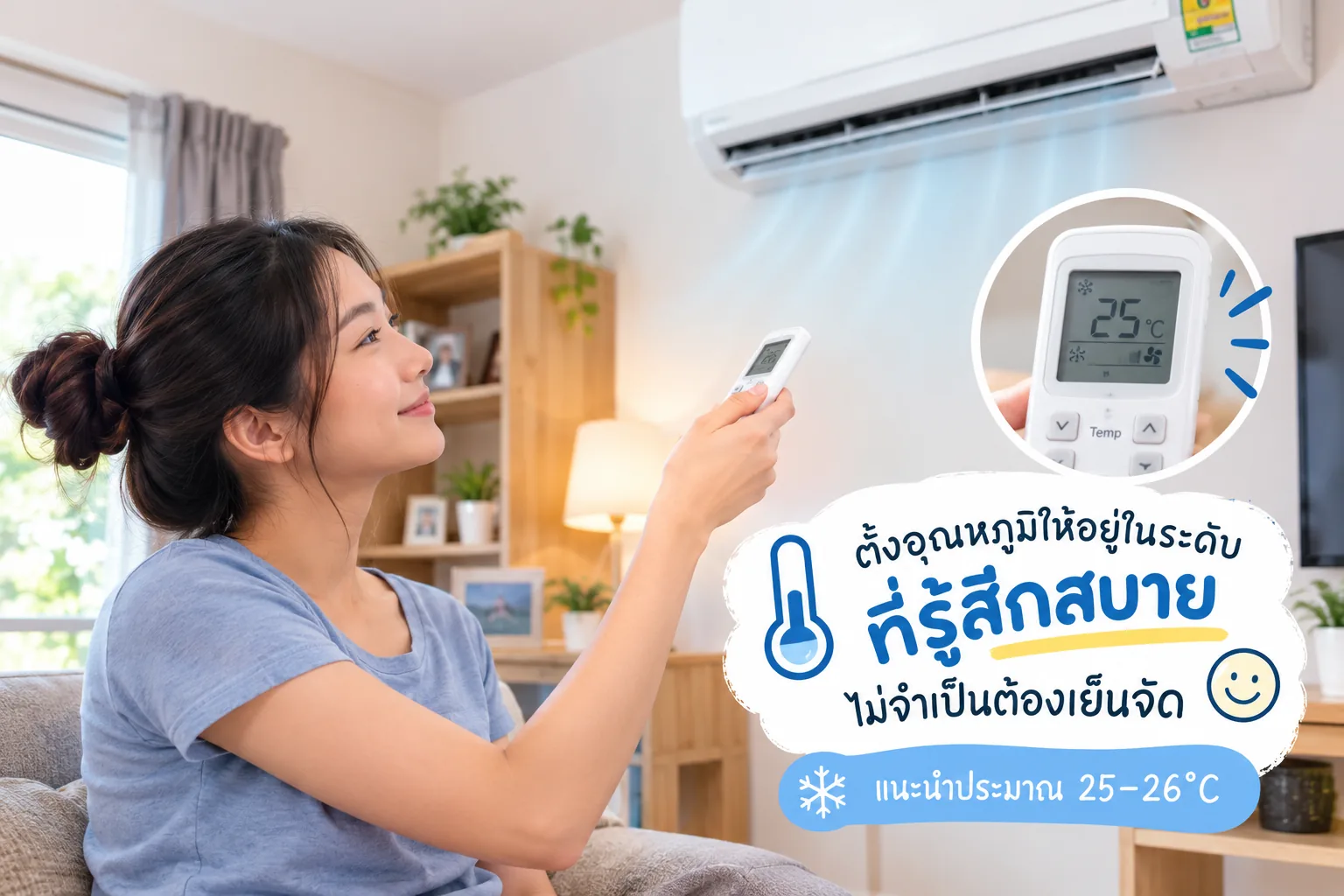 ตั้งอุณหภูมิแอร์ให้อยู่ในระดับที่รู้สึกสบายประมาณ 25-26 องศา