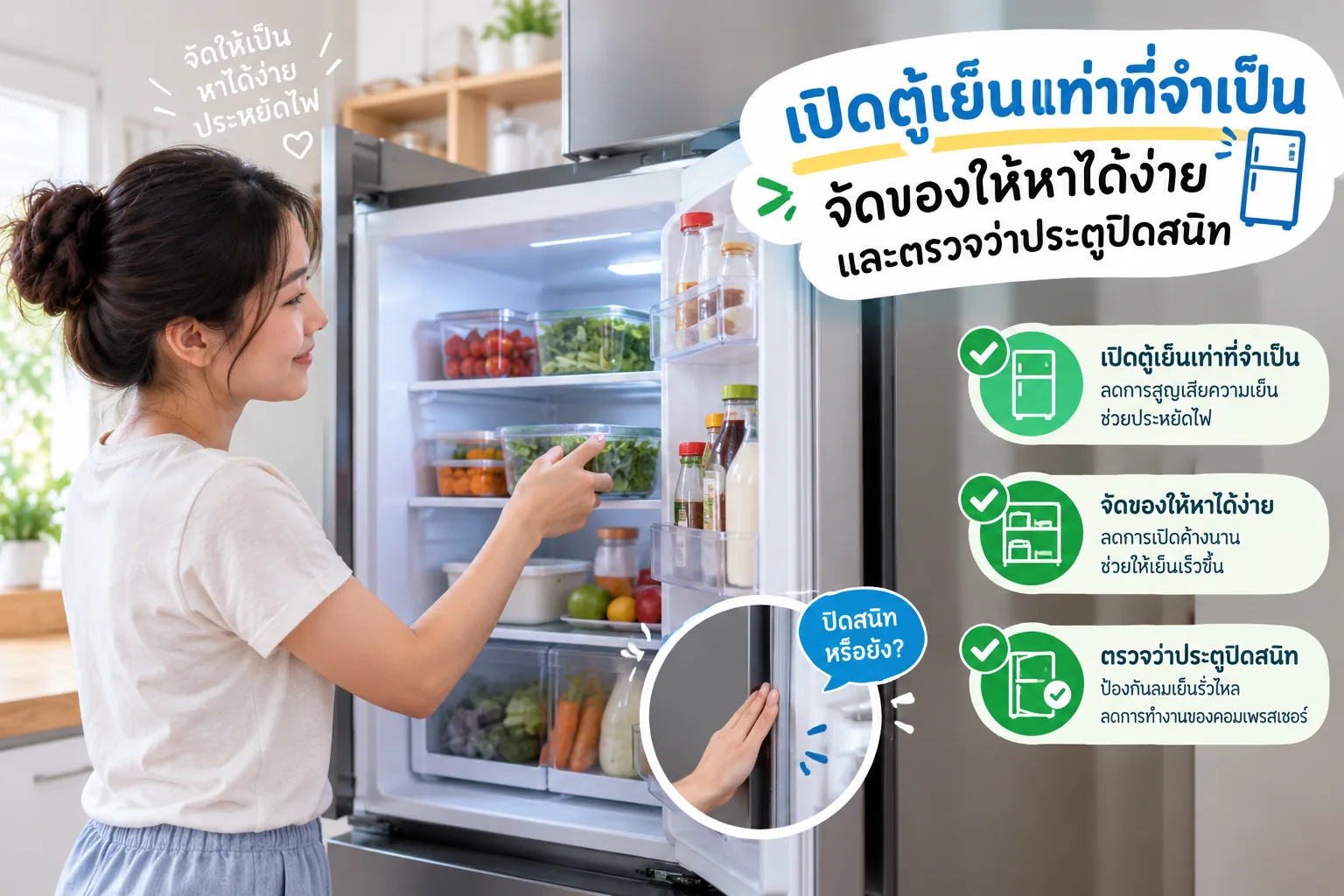 เปิดตู้เย็นเท่าที่จำเป็น จัดของให้หาได้ง่าย และตรวจประตูปิดสนิท