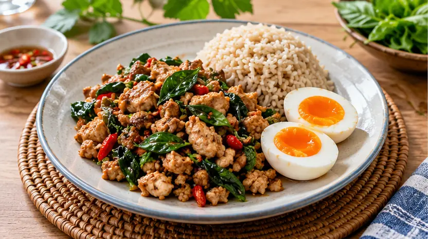ข้าวกะเพราอกไก่กับไข่ต้ม