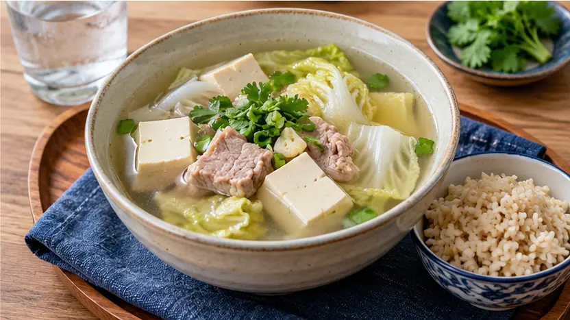 แกงจืดเต้าหู้หมูและผักกาดขาวกับข้าว