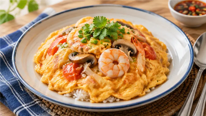 ข้าวไข่ข้นใส่เห็ด มะเขือเทศ และกุ้ง