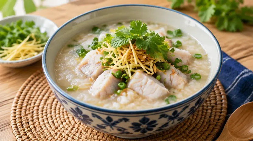 ข้าวต้มปลาใส่ขิงและต้นหอม