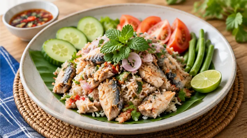 ข้าวยำปลาทูกับแตงกวา มะเขือเทศ และถั่วฝักยาว