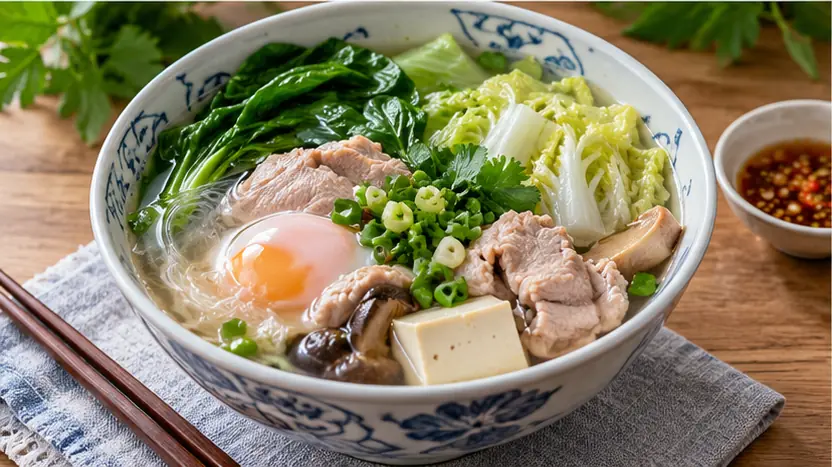 สุกี้น้ำรวมมิตรใส่ผัก ไข่ และเต้าหู้