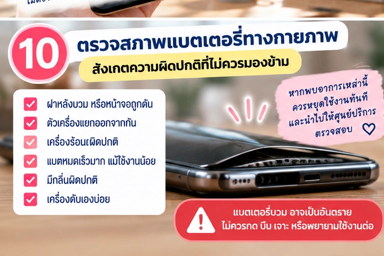 ตรวจสภาพแบตเตอรี่ทางกายภาพและอาการบวม