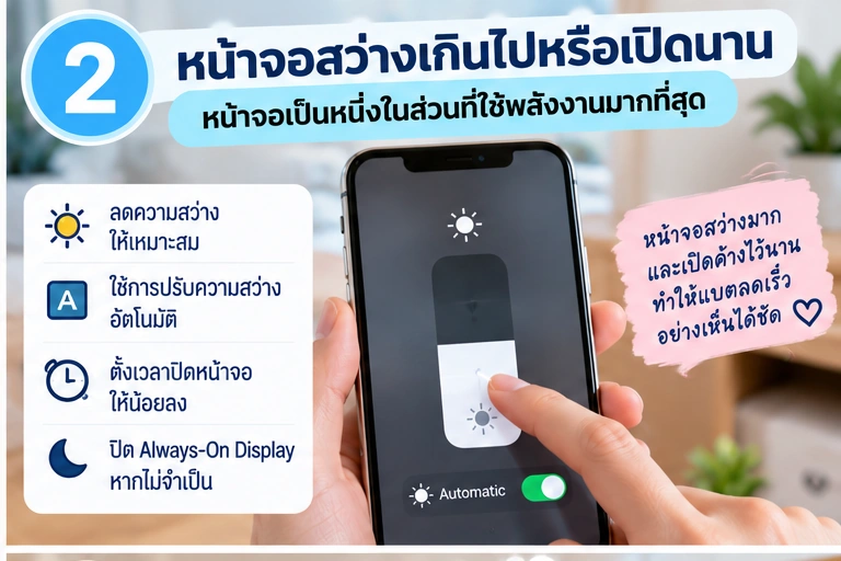 ลดความสว่างและเวลาที่หน้าจอติด