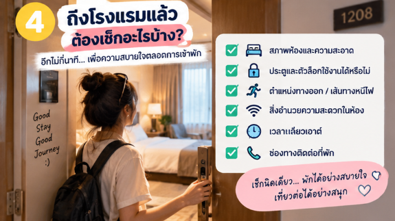 ถึงโรงแรมแล้วตรวจห้อง ประตู ทางหนีไฟ และเวลาเช็กเอาต์