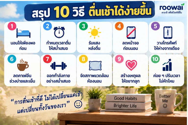 สรุป 10 วิธีตื่นเช้าได้ง่ายขึ้น