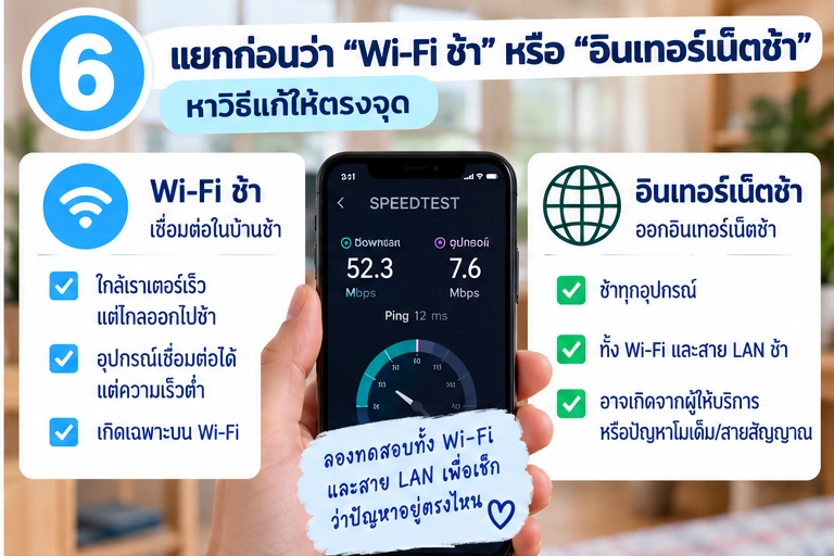 แยกให้ออกว่า Wi‑Fi ช้าหรืออินเทอร์เน็ตช้า