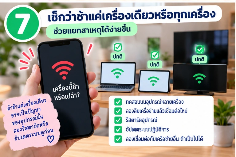 ทดสอบหลายอุปกรณ์เพื่อแยกต้นเหตุของ Wi‑Fi ช้า