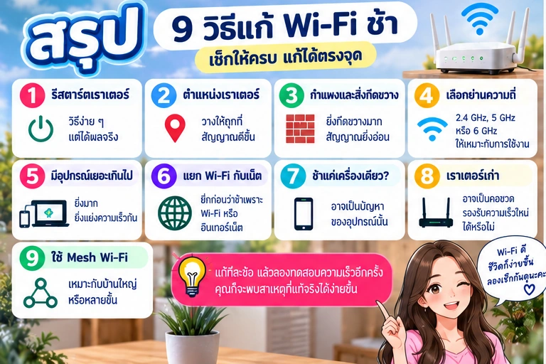 สรุป 9 วิธีแก้ Wi‑Fi ช้าเบื้องต้น